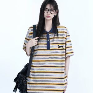 Color-Blocked Striped Polo Shirt for Women - Loose Fit Short Sleeve American College Style T-Shirt