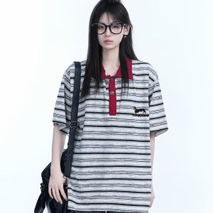 Color-Blocked Striped Polo Shirt for Women - Loose Fit Short Sleeve American College Style T-Shirt