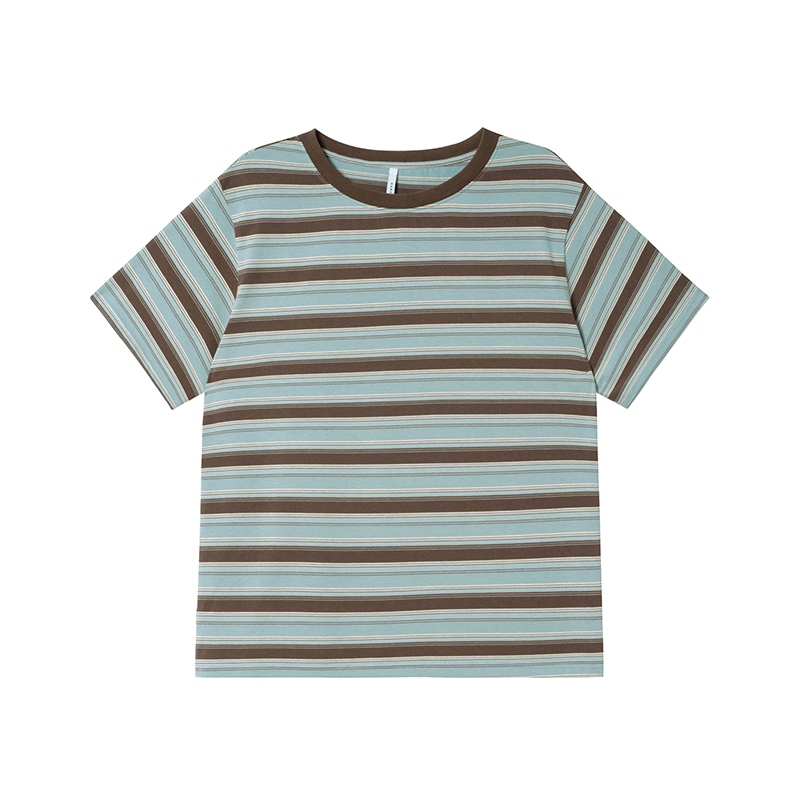 Color-Blocked Striped Short-Sleeve T-Shirt for Women – Loose Slimming Round Neck Top in Petite Sizes, Spring Summer 2025 Fashion