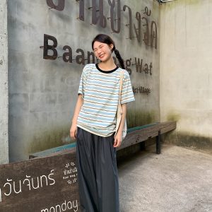 Color-Blocked Striped Short-Sleeve T-Shirt for Women – Loose Slimming Round Neck Top in Petite Sizes, Spring Summer 2025 Fashion