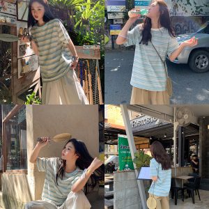 Color-Blocked Striped Short-Sleeve T-Shirt for Women – Loose Slimming Round Neck Top in Petite Sizes, Spring Summer 2025 Fashion