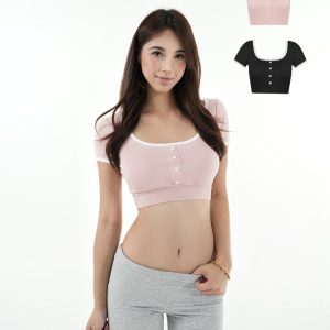 Color-Blocked U-Neck Cropped Elastic Short-Sleeve Top - Trendy Y2K Style for Effortless Summer Looks