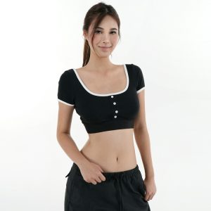 Color-Blocked U-Neck Cropped Elastic Short-Sleeve Top - Trendy Y2K Style for Effortless Summer Looks