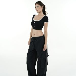 Color-Blocked U-Neck Cropped Elastic Short-Sleeve Top - Trendy Y2K Style for Effortless Summer Looks