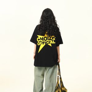 Color-Blocking American Street Star Print Short-Sleeve T-Shirt for Men and Women - Trendy Loose Fit Couple Top