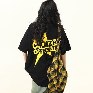 Color-Blocking American Street Star Print Short-Sleeve T-Shirt for Men and Women - Trendy Loose Fit Couple Top