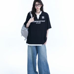 Color-Blocking Faux Two-Piece V-Neck Short Sleeve T-Shirt for Women - Waffle Texture, Loose Fit, College Style, Casual Fashion