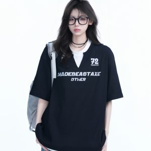 Color-Blocking Faux Two-Piece V-Neck Short Sleeve T-Shirt for Women - Waffle Texture, Loose Fit, College Style, Casual Fashion