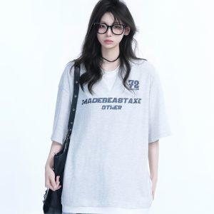 Color-Blocking Faux Two-Piece V-Neck Short Sleeve T-Shirt for Women - Waffle Texture, Loose Fit, College Style, Casual Fashion