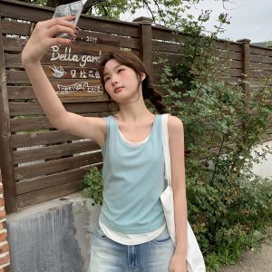 Color-Blocking Faux Two-Piece Vest for Women - Summer Slim Fit Sleeveless Outerwear, Casual Chic Style