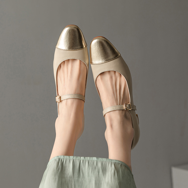 Color-Blocking Genuine Leather Mary Jane Shoes for Women - French Artistic Style, Medium Heel, Round Toe, Chic and Elegant