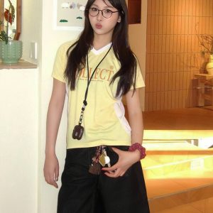 Color-Blocking Jersey T-Shirt for Women - Summer V-Neck Short Sleeve, College Style Casual Top, American Athletic Fashion