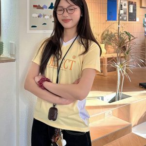 Color-Blocking Jersey T-Shirt for Women - Summer V-Neck Short Sleeve, College Style Casual Top, American Athletic Fashion