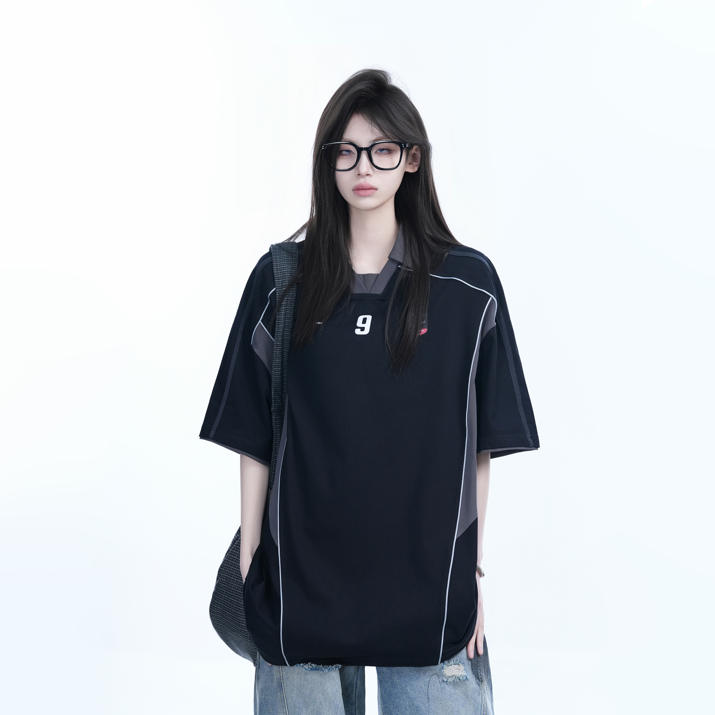 Color-Blocking Oversized Short-Sleeve T-Shirt for Women - Retro American Style, Summer Loose Fit, Trendy Mountain Graphic Design