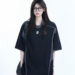 Color-Blocking Oversized Short-Sleeve T-Shirt for Women - Retro American Style, Summer Loose Fit, Trendy Mountain Graphic Design