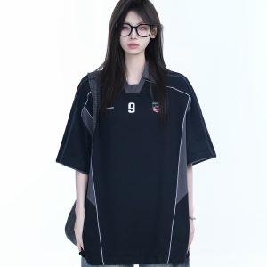 Color-Blocking Oversized Short-Sleeve T-Shirt for Women - Retro American Style, Summer Loose Fit, Trendy Mountain Graphic Design