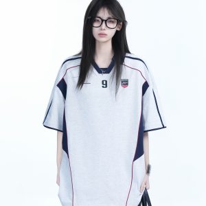 Color-Blocking Oversized Short-Sleeve T-Shirt for Women - Retro American Style, Summer Loose Fit, Trendy Mountain Graphic Design