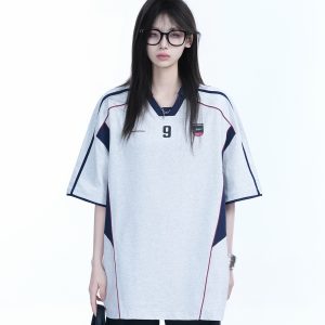 Color-Blocking Oversized Short-Sleeve T-Shirt for Women - Retro American Style, Summer Loose Fit, Trendy Mountain Graphic Design