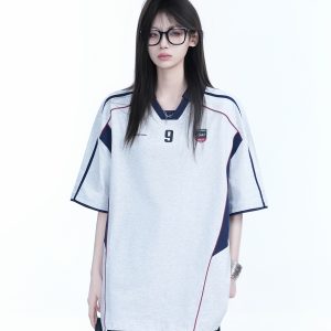 Color-Blocking Oversized Short-Sleeve T-Shirt for Women - Retro American Style, Summer Loose Fit, Trendy Mountain Graphic Design