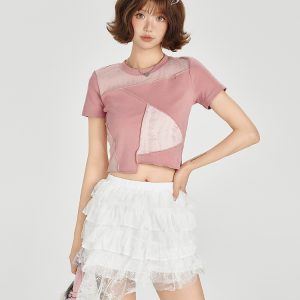 Color-Blocking Short Sleeve T-Shirt for Women - Retro Patchwork Split Design, Summer 90s Style Top