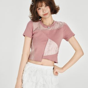 Color-Blocking Short Sleeve T-Shirt for Women - Retro Patchwork Split Design, Summer 90s Style Top
