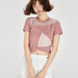Color-Blocking Short Sleeve T-Shirt for Women - Retro Patchwork Split Design, Summer 90s Style Top