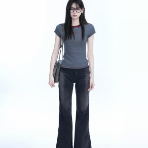 Colorful Contrast Short Sleeve T-Shirt for Women - Slim Fit Round Neck, American Style, Casual Base Layer, Perfect for Everyday Wear