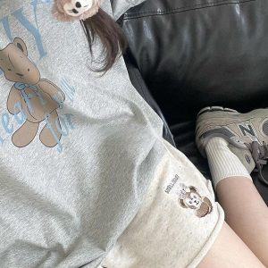 Colorful Cotton Embroidered Bear Shorts for Girls - Summer Loose-Fitting Five-Point Sports Pants for Junior High & High School Students