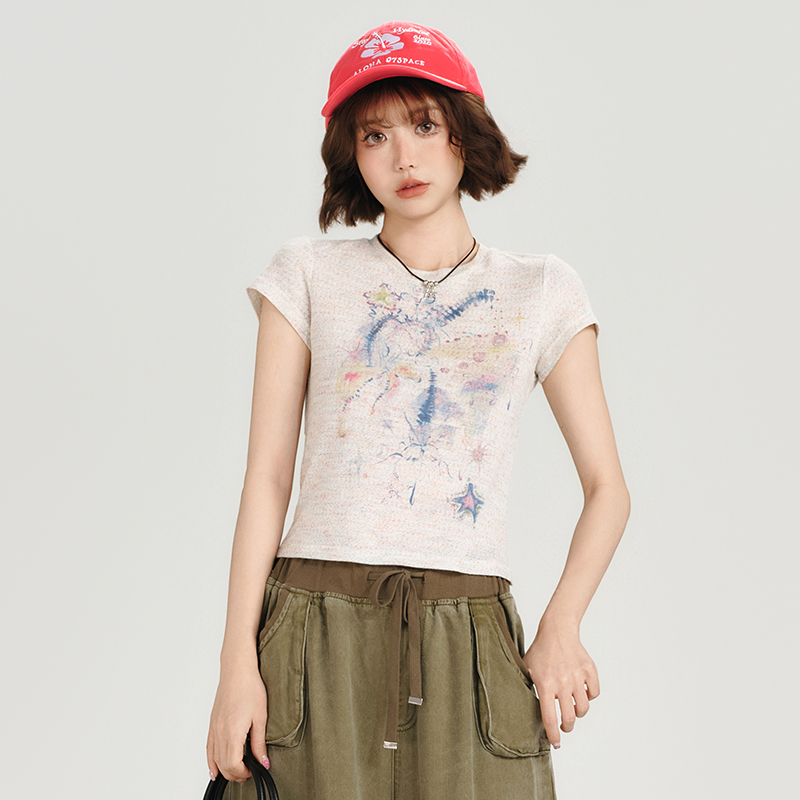 Colorful Dot Print Short Sleeve T-Shirt for Women - American Retro Style, Round Neck, Slim Fit, Summer Fashion Top