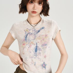 Colorful Dot Print Short Sleeve T-Shirt for Women - American Retro Style, Round Neck, Slim Fit, Summer Fashion Top