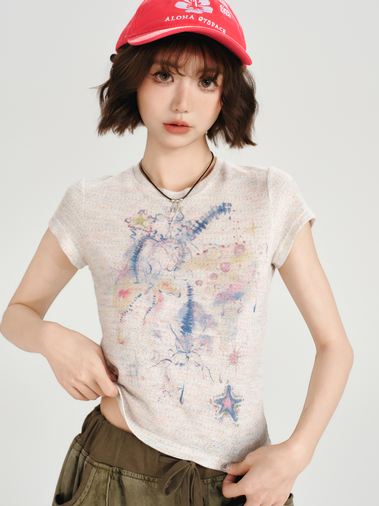 Colorful Dot Print Short Sleeve T-Shirt for Women - American Retro Style, Round Neck, Slim Fit, Summer Fashion Top Colorful Dot Print Short Sleeve T-Shirt for Women - American Retro Style, Round Neck, Slim Fit, Summer Fashion Top