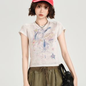 Colorful Dot Print Short Sleeve T-Shirt for Women - American Retro Style, Round Neck, Slim Fit, Summer Fashion Top