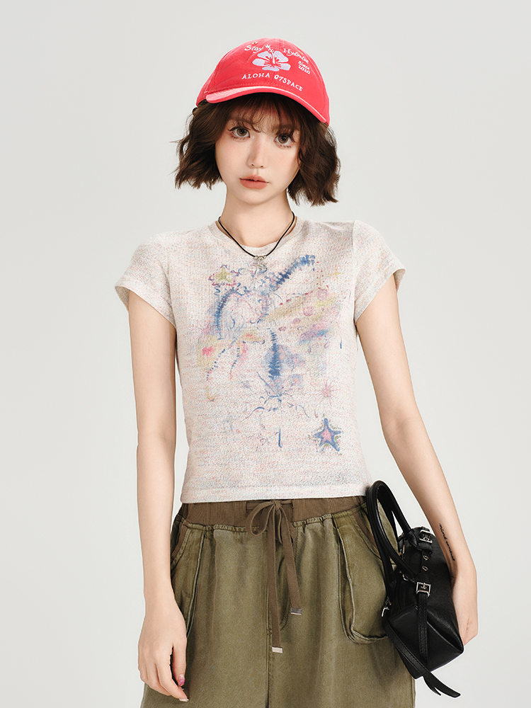 Colorful Dot Print Short Sleeve T-Shirt for Women - American Retro Style, Round Neck, Slim Fit, Summer Fashion Top Colorful Dot Print Short Sleeve T-Shirt for Women - American Retro Style, Round Neck, Slim Fit, Summer Fashion Top