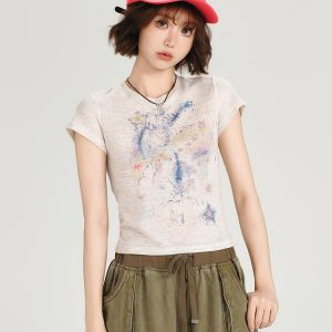 Colorful Dot Print Short Sleeve T-Shirt for Women - American Retro Style, Round Neck, Slim Fit, Summer Fashion Top