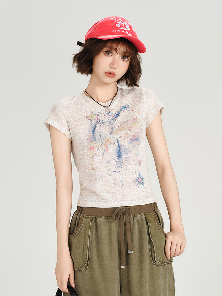 Colorful Dot Print Short Sleeve T-Shirt for Women - American Retro Style, Round Neck, Slim Fit, Summer Fashion Top Colorful Dot Print Short Sleeve T-Shirt for Women - American Retro Style, Round Neck, Slim Fit, Summer Fashion Top