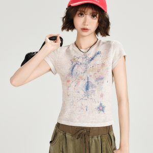 Colorful Dot Print Short Sleeve T-Shirt for Women - American Retro Style, Round Neck, Slim Fit, Summer Fashion Top