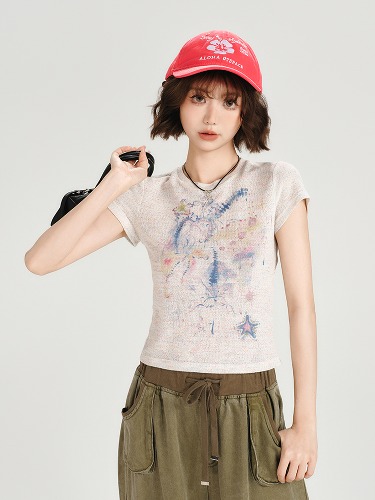 Colorful Dot Print Short Sleeve T-Shirt for Women - American Retro Style, Round Neck, Slim Fit, Summer Fashion Top Colorful Dot Print Short Sleeve T-Shirt for Women - American Retro Style, Round Neck, Slim Fit, Summer Fashion Top