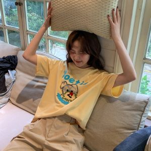 Colorful Embroidered Dog T-Shirt for Women - Summer Loose Fit Pure Cotton Short Sleeve Top, Cute and Fun Pet Lover Style