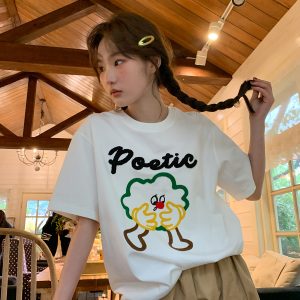 Colorful Embroidered Dog T-Shirt for Women - Summer Loose Fit Pure Cotton Short Sleeve Top, Cute and Fun Pet Lover Style