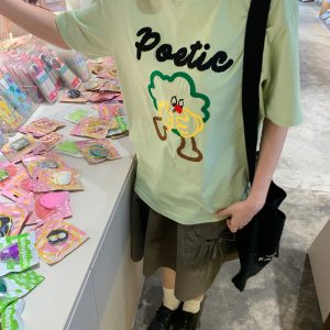 Colorful Embroidered Dog T-Shirt for Women - Summer Loose Fit Pure Cotton Short Sleeve Top, Cute and Fun Pet Lover Style