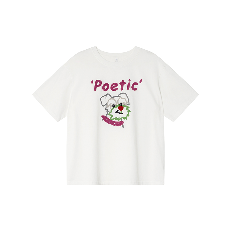 Colorful Embroidered Dog T-Shirt for Women - Summer Loose Fit Pure Cotton Short Sleeve Top, Cute and Fun Pet Lover Style