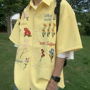 Colorful Floral Embroidered Waffle Short-Sleeve Shirt for Men and Women - American Retro Casual Loose Fit Summer Style