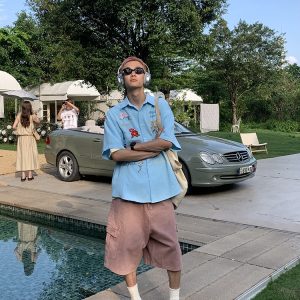 Colorful Floral Embroidered Waffle Short-Sleeve Shirt for Men and Women - American Retro Casual Loose Fit Summer Style