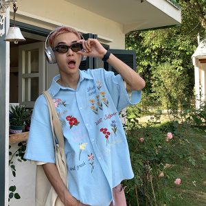 Colorful Floral Embroidered Waffle Short-Sleeve Shirt for Men and Women - American Retro Casual Loose Fit Summer Style