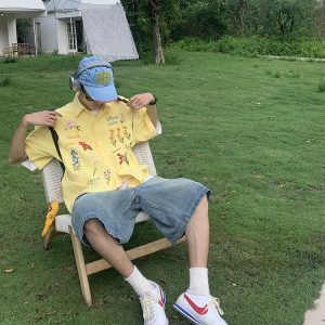 Colorful Floral Embroidered Waffle Short-Sleeve Shirt for Men and Women - American Retro Casual Loose Fit Summer Style