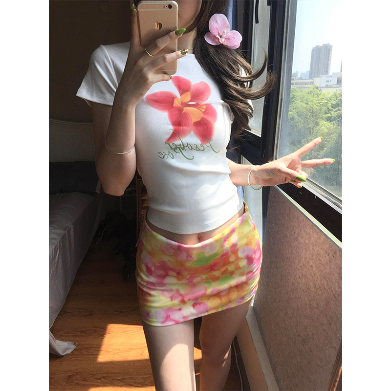 Colorful Floral Print A-Line Midi Skirt for Women, Summer Low Waist Slim Fit Sexy Bodycon Style
