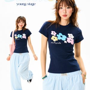 Colorful Floral Shoulder Short Sleeve T-Shirt for Women - Slim Fit Dopamine Crop Top - Summer 90s Style
