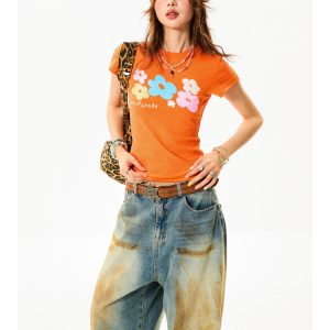 Colorful Floral Shoulder Short Sleeve T-Shirt for Women - Slim Fit Dopamine Crop Top - Summer 90s Style