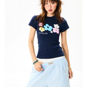 Colorful Floral Shoulder Short Sleeve T-Shirt for Women - Slim Fit Dopamine Crop Top - Summer 90s Style