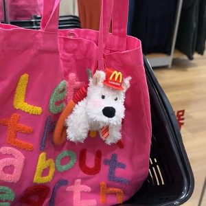 Colorful Letter Canvas Tote Bag - Cute Large-Capacity Shoulder Bag in Dragon Fruit Color for Trendy Early Morning Commuting